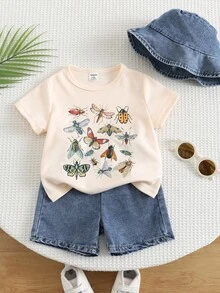 SHEIN 3pcs Baby Boy Animal Print T-Shirt, Denim Shorts And Denim Hat Set, Suitable For Summer, Travel, Back To School - Multicolor - View 7