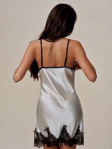 Lumalex Camisola Elegante e Sexy de Renda e Cetim com Contraste de Cores para Mulheres - Champanhe - Visão 2