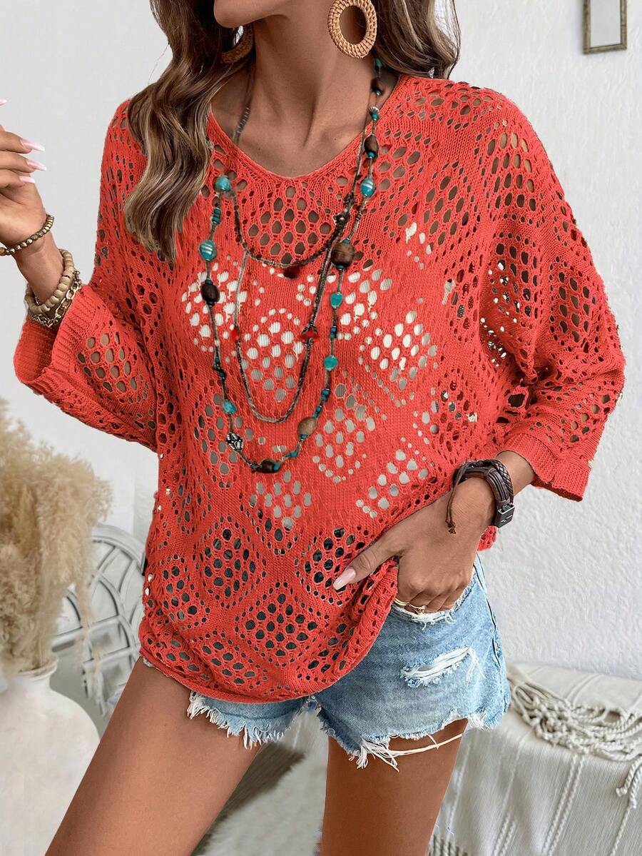 SHEIN Holidaya 女士纯色镂空蝙蝠袖宽松休闲毛衣 - 紅色 - 查看 1