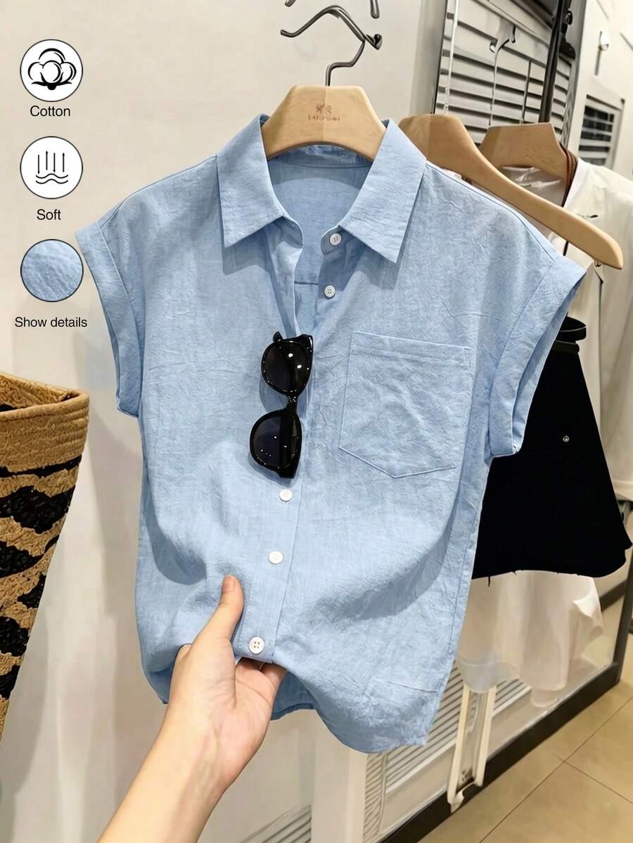 SHEIN Franclia 女士新款春夏蓝色100%纯棉宽松休闲衬衫,带口袋,适合日常、度假、海滩、办公室、工作、优雅场合、通勤等。 - 藍色 - 查看 1