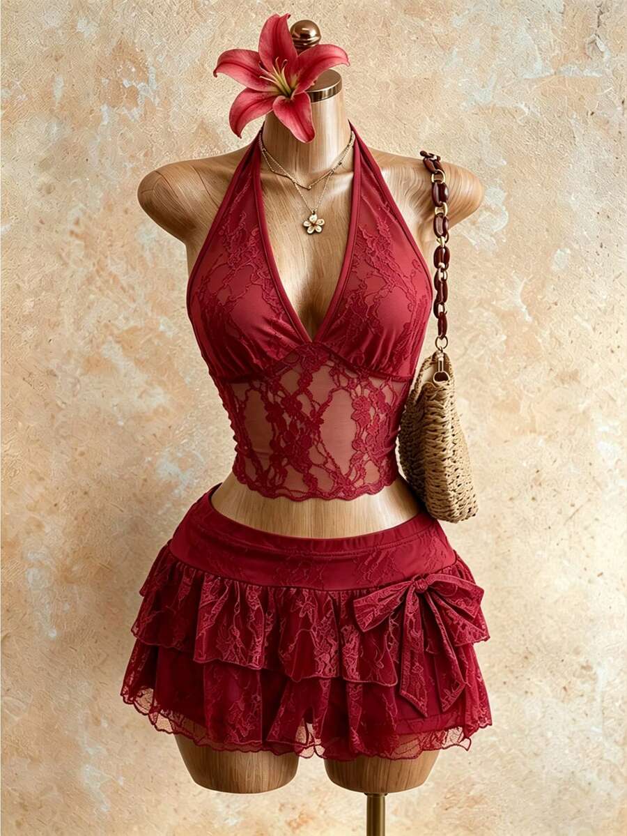 Roelina Bộ đồ 2 mảnh gợi cảm dành cho nữ: áo hai dây phối ren xuyên thấu và chân váy ngắn. - Màu Đỏ Sâu - Xem 1