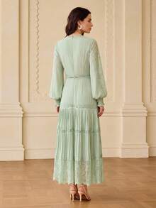 ZEYLAH V-Neck Lace Patchwork Pleated A-Line Dress, Spring/Summer - Mint Green - View 4