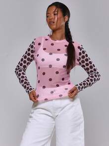 MUSERA Kontrast-Farbiges Multi-Polka-Punkt-Muster Figurbetontes Mesh Langarm Rundhals Top, süß, sexy, Urlaub, Frühling, Sommer, Festival, cooles Mädchen, Vintage - Verschiedenfarbig - Übersicht 1