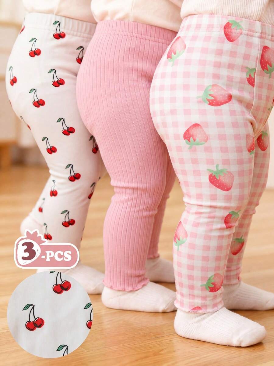 SHEIN Vintaside Kids 3件組女嬰緊身褲套裝 粉色與白色條紋 秋冬可愛節日簡約甜美風 寬鬆直筒褲 日常玩樂休閒穿搭 - 粉色 - 查看 1