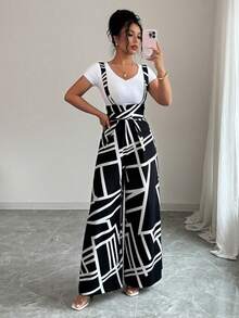 Elenzga Bộ jumpsuit nữ ống rộng in họa tiết hình học, kiểu dáng thường ngày. - màu đen - Xem 5