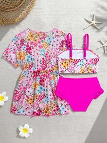 Bộ đồ bơi 3 món cho bé gái, họa tiết hoa nhí dễ thương, màu hồng, kiểu dáng thời trang giản dị, thanh lịch, phù hợp cho bơi lội, nghỉ mát, mùa hè. - Hồng - Xem 2
