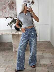 DAZY Women's Romantic Floral All-Over Print Embroidered Loose Fit Jeans - Blue - View 4