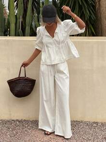 DAZY Conjunto de blusa holgada de manga de pétalo blanca de algodón y falda vaquera casual, adecuado para fiesta, playa, vacaciones, verano - Blanco - Ver 5