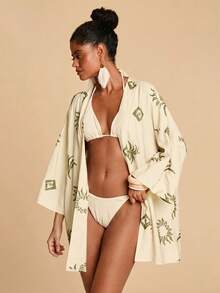 Travachic Kimono nữ kiểu dáng thường ngày, thêu họa tiết lá, thích hợp cho kỳ nghỉ. - Màu Khaki - Xem 6