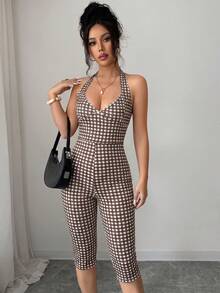 Selianne Women's Black And White Plaid Halter Jumpsuit,Slim Fit Shaping, Outdoor & Commute Summer Vintage Holiday Vacation Holiday,Casual All Seasons - Multicolor - View 3