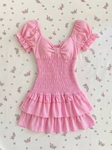 Elamini Vestido mini ajustado con cuello con volantes, mangas con volantes y estampado de lunares - Rosa - Ver 3