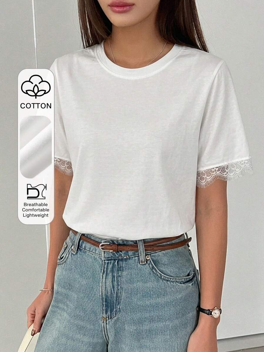 DAZY Camiseta casual y elegante de mujer con cuello redondo, puños de encaje y corte holgado - Blanco - Ver 1