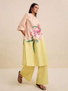 LOTSLUV Women's Elegant Pink Floral Golden Yellow Floral Print 2-Piece Set, Round Neck Loose Blouse Straight Leg Pants, Vacation Outfit Autumn - Multicolor - View 4
