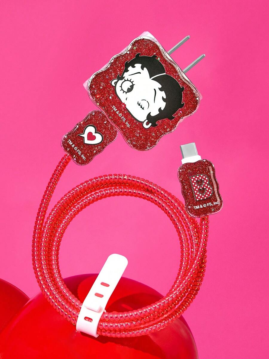 Betty Boop x SHEIN Bộ 3 ốp bảo vệ cáp dữ liệu, phù hợp với bộ sạc , họa tiết hoa anh đào, ốp bảo vệ bộ sạc (không kèm cáp dữ liệu) - Đỏ - Xem 1