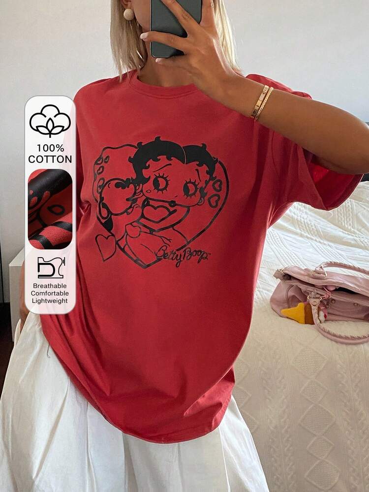 Women's Heart & Cartoon Character Print Round Neck Short Sleeve T-Shirt