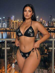 Swim SXY Bộ bikini hai mảnh họa tiết ngôi sao năm cánh đính sequin đen trắng gợi cảm lãng mạn kiểu dáng mùa hè 2026, thích hợp cho bãi biển, kỳ nghỉ, tiệc trà chiều, dã ngoại, tiệc tùng, hoạt động thường ngày và ngoài trời. - màu đen - Xem 4