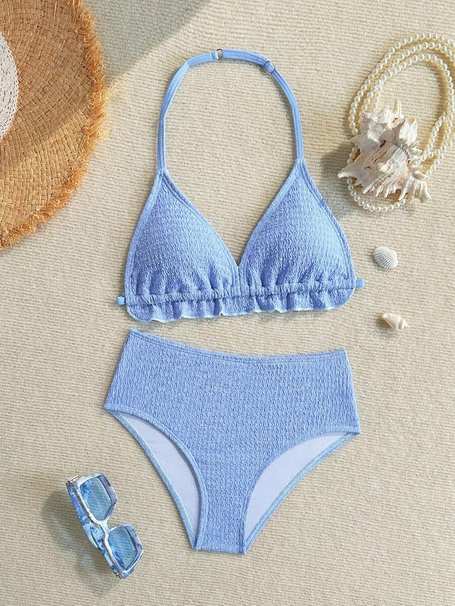 SHEIN Tween Girl Swimwear, Blue Comfortable Knitted Fabric, Swimwear Set, Suitable For Beach, Vacation, Sand, Play, Summer - Blue - View 1