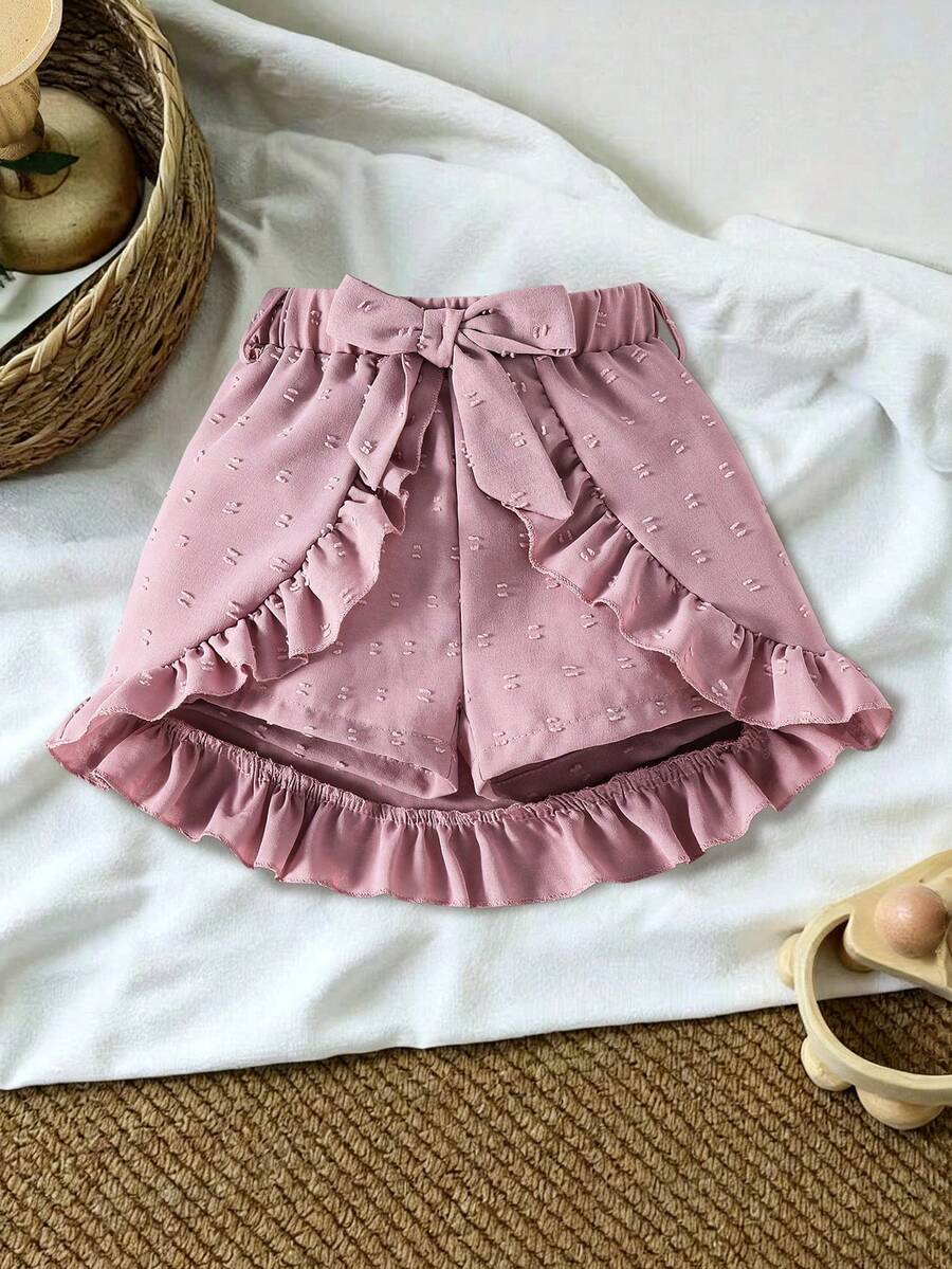 SHEIN Vintaside Kids 女小童柔和淡色粉色素色度假風格短褲帶荷葉邊,基本款和多用途適合夏天 - 藕粉色 - 查看 1