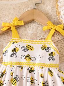 SHEIN Playful Pals 女嬰可愛卡通蜜蜂印花對比色綁肩無袖A字軟休閒洋裝，夏季 - 黃色 - 查看 5