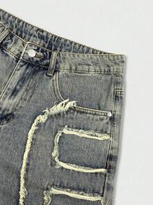 Manfinity EMRG 男士复古拼接毛边宽松牛仔短裤，时尚夏季新品 - 中等水洗藍 - 查看 6