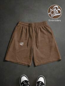 Manfinity Roghcode Men's Minimalist Embroidered Pattern Casual Knit Shorts, Loose Straight Leg High Street Patchwork Sports Pants - Coffee Brown - View 5