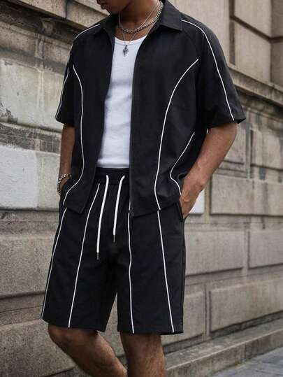 PAVTROS Men's Solid Color Streetwear Casual Loose White Contrast Stripe Zip-Up Short Sleeve Shirt And Elastic Waist Shorts Set