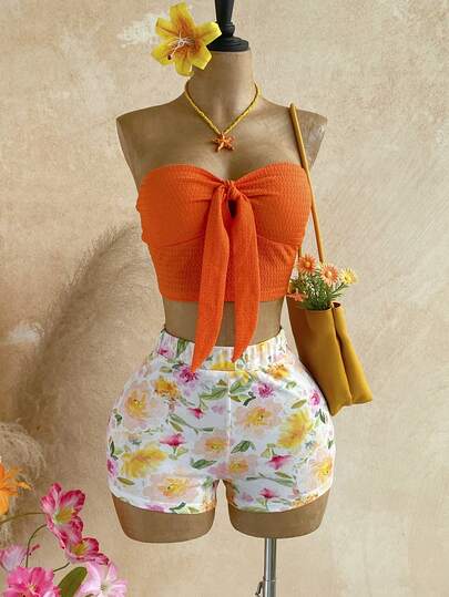 Soleia Women's Knotted Bandeau Top And Floral Print Shorts 2-Piece Set, Vacation