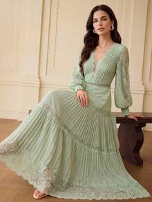 ZEYLAH V-Neck Lace Patchwork Pleated A-Line Dress, Spring/Summer - Mint Green - View 2