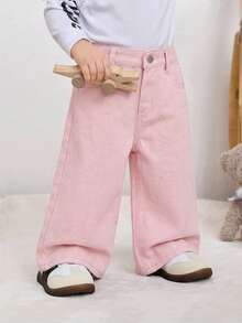 SHEIN Quần jeans ống rộng dáng suông có túi cho bé gái - Hồng - Xem 5
