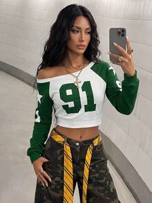SHEIN Unity Contrast Color Collegiate Style Green Asymmetrical Neck Long Sleeve Sweatshirt, Graduation,Teacher,Back To School Pullover Fall - Dark Green - View 4