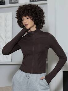 Xuxu's by Gio Chaqueta elástica de manga larga con cuello alto para mujer, informal y deportiva, para primavera y otoño - Café integral - Ver 1
