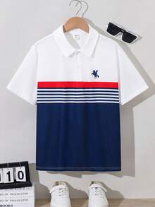 SHEIN Teen Boy Teen Boys' Casual Striped & Color Block Knit Loose Polo Shirt Summer - Multicolor - View 2