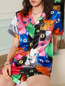 Conjunto de pijama de mujer con estampado de gato lindo y enérgico, con cuello de solapa - Multicolor - Ver 4