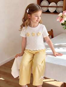 Genkimix Kids 2pcs/Set Kaos Bertekstur Anak Perempuan dengan Dekorasi Bunga 3D & Celana Panjang Kasual, Cocok Untuk Acara Santai dan Jalan-jalan - Kuning - View 5