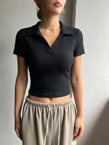 DAZY Women's Solid Color Polo Collar Fitted Short Sleeve T-Shirt Crop Top - Black - View 4