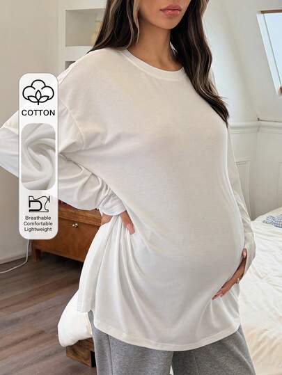DAZY Camiseta de maternidad casual, suelta y de manga larga, de cuello redondo, versátil y a juego, en color blanco