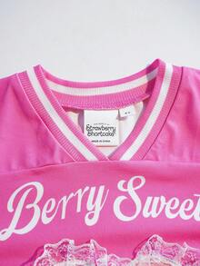 Strawberry Shortcake X SHEIN Young Girl V-Neck Short Sleeve Casual Versatile T-Shirt, - Pink - View 4
