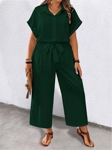 EMERY ROSE Women's Plus Size Solid Color Short Sleeve Lapel Belted Pockets Casual Jumpsuit Vacation Dark Green Summer - Green - View 5