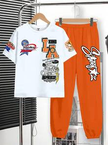 Conjunto de 2 piezas para niño preadolescente: Camiseta de manga corta con estampado de letras graffiti minimalista y casual Y2K, y pantalones, adecuado para primavera/verano - Blanco - Ver 5