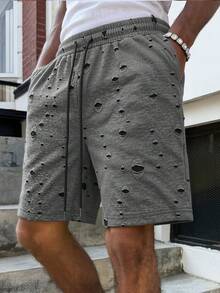 PAVTROS Pantalones cortos casuales anchos con cintura con cordón y rotos para hombres - Negro - Ver 1