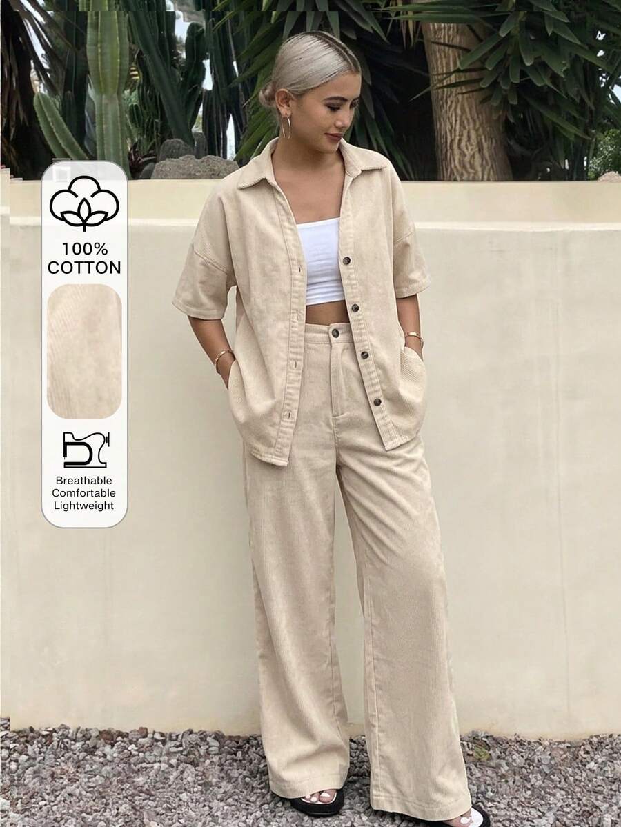 DAZY 女款休閒純色鈕扣短袖牛仔上衣與牛仔長褲套裝 夏季旅行米色 - 卡其色 - 查看 1