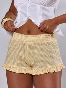 MUSERA Quần short mini kẻ caro viền bèo nhún, thích hợp cho mùa xuân hè, kỳ nghỉ, phong cách Ibiza, boho, thanh lịch, thường ngày, lễ hội. - Màu vàng - Xem 1