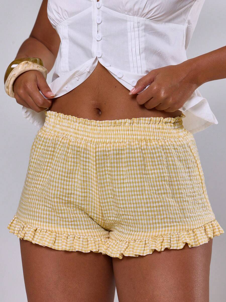 MUSERA Quần short mini kẻ caro viền bèo nhún, thích hợp cho mùa xuân hè, kỳ nghỉ, phong cách Ibiza, boho, thanh lịch, thường ngày, lễ hội. - Màu vàng - Xem 1