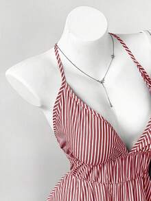 Rustia Plus Size Women Striped Deep V-Neck Backless Dress - Red - View 3