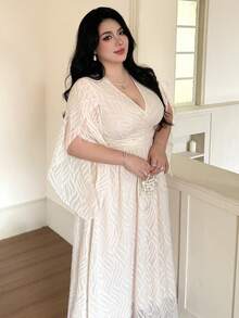 Vibekara Plus Size V-Neck Bell Sleeve Ruffle Hem Pleated Jacquard Fabric Elegant Vintage Cute Casual Dress For Women Fall - Apricot - View 5