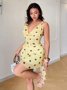 Auralis Plus Size Women's Yellow Summer Polka Dot Print Classy Vacation Mini Dress, Personalized Chic Elegant Y2K Style For Party, Bar, Prom, Commute Dress - Yellow - View 2
