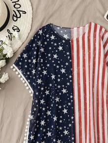 SHEIN Teen Girl Star And Stripes Flag Design Fringed Beach Cover-Up,Navy Independence Day,Summer Vacation Swimwear Graphic Print Chiffon Top - Multicolor - View 3