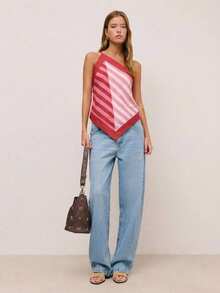 Nöista Top halter a rayas con tirantes plateados ajustables y un lazo en la espalda con cierre de moño para un ajuste personalizable. Primavera, verano, mujer. - Rosa - Ver 5