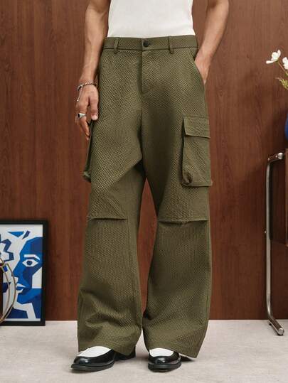 TOKVUE Men's Solid Color Drawstring Button Casual Cargo Pants, Versatile For Daily Wear
