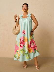 Travachic Plus Size Women Floral Decor Ruched Casual Party Dress - Mint Green - View 5